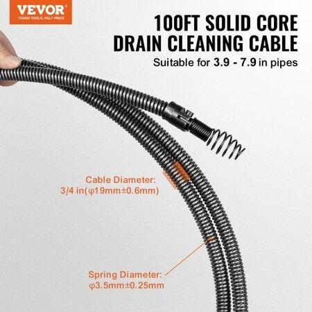 Drain Cleaning Cable 100 FT x 3/4 Inch Solid Core Steel Drain Cleaner Cable with 4 Cutters for 3.9" to 7.9" Pipes Professional Inner Core Sewer Drain Auger Cable for Sink Floor Drain Toilet