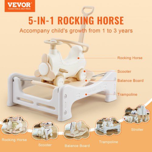 5 in 1 Rocking Horse for Toddlers 1-3 Years Baby Rocking Horse with Trampoline Detachable Balance Board Push Handle and 4 Smooth Wheels Support to 80lbs Kids Ride on Toy White