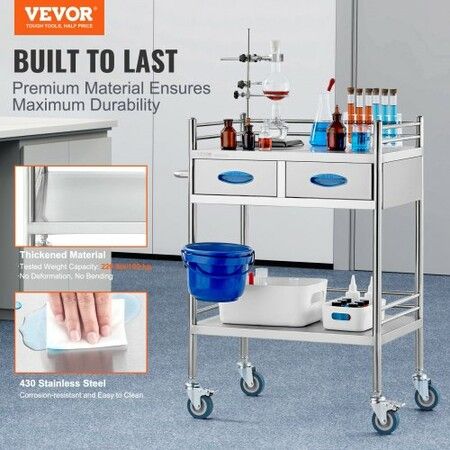 Lab Serving Cart 2 Layers Stainless Steel Utility Rolling Cart Medical Cart with Two Drawers Dental Utility Cart with Lockable Wheels and A Bucket for Laboratory Hospital Dental Use
