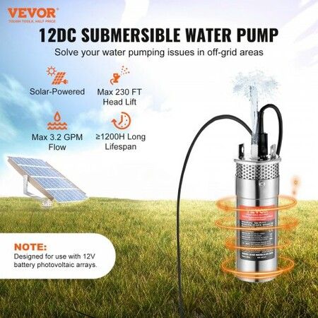 Solar Water Pump DC 120W Submersible Deep Well Pump Max Flow 3.2 GPM Max Head 70 m Max Submersion Depth 30 m Solar Powered Water Pump