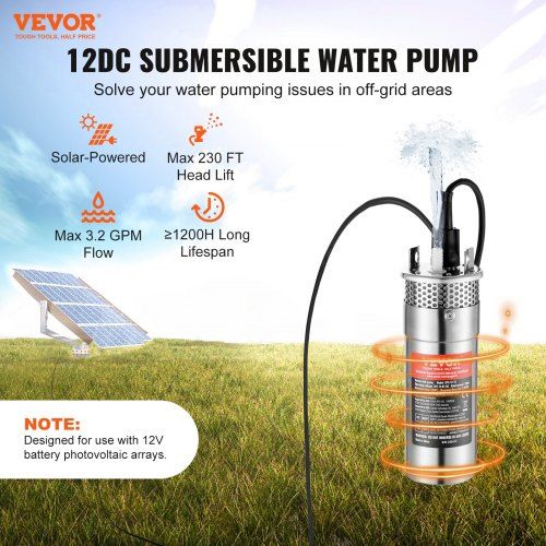 Solar Water Pump DC 120W Submersible Deep Well Pump Max Flow 3.2 GPM Max Head 70 m Max Submersion Depth 30 m Solar Powered Water Pump