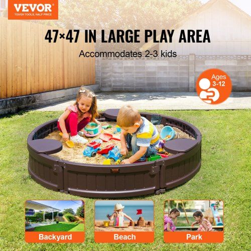 Sandbox with Cover 47.2 x 9.1 in Round Sand Box HDPE Sand Pit with 3 Corner Seating and Bottom Liner Kids Sandbox for Outdoor Backyard Beach Park Gift