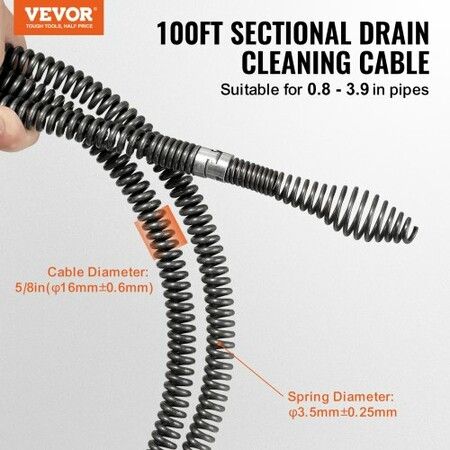 Drain Cleaning Cable 100 FT x 5/8 Inch Professional Sectional Drain Cleaner Cable with 7 Cutters for 0.8" to 3.9" Pipes Hollow Core Sewer Drain Auger Cable