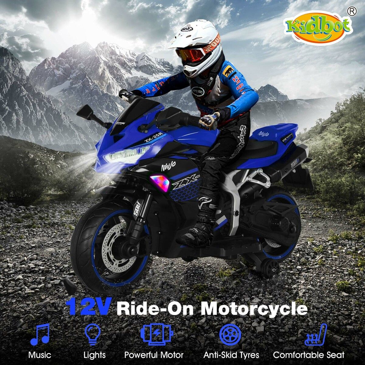 Kids Motorcycle Ride On Car Electric Toy 12V Battery Motorbike Sport Off Road Street Dirt Bike Pedal Training Wheels Blue