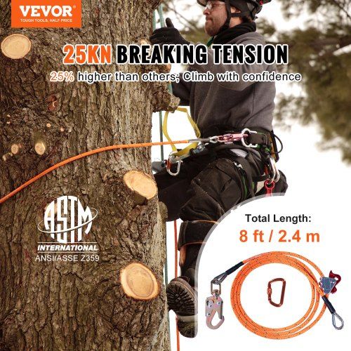 Steel Core flipline 1/2" x 8' Arborist Flipline Flip Line for Tree Climbing with Alloy Steel Snap Hook Aluminum Alloy Carabiner and Extra Tool Lanyard