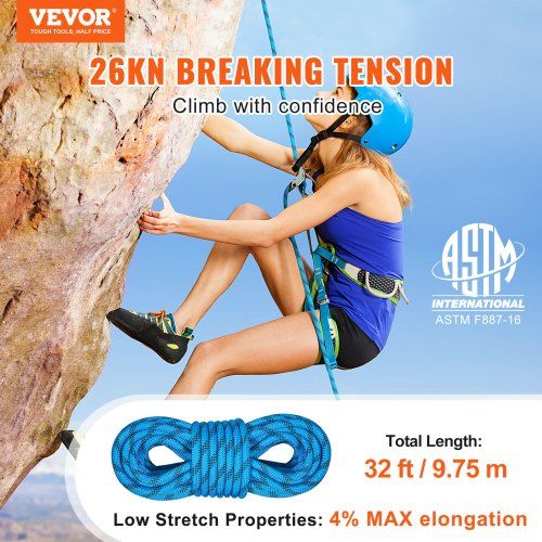 Static Climbing Rope 32 ft Outdoor Rock Climbing Rope 0.4'' /10mm 26KN