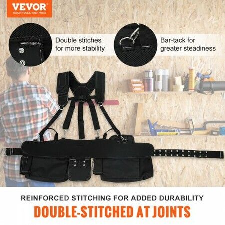 Tool Belt with Suspenders 29 Pockets 29-54 inches Adjustable Waist Size Tool Belts for Men 600D Polyester Heavy Duty Carpenter Tool Pouch Black