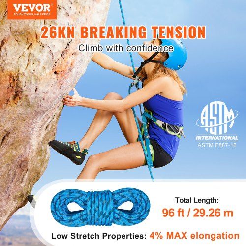 Static Climbing Rope 96 ft Outdoor Rock Climbing Rope 0.4'' /10mm 26KN