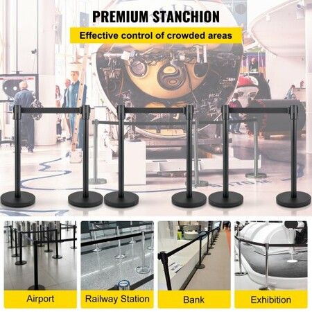 Crowd Control Stanchion Stanchion Set 6Pcs w/ 2 m Black Retractable Belt