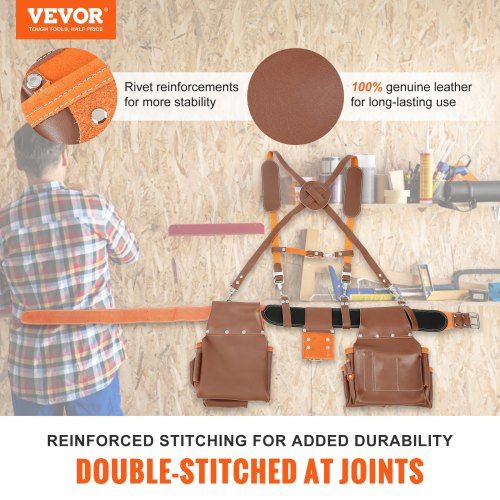 Tool Belt with Suspenders 19 Pockets 29-54 inches Adjustable Waist Size Tool Belts for Men Genuine Leather Heavy Duty Carpenter Tool Pouch Brown