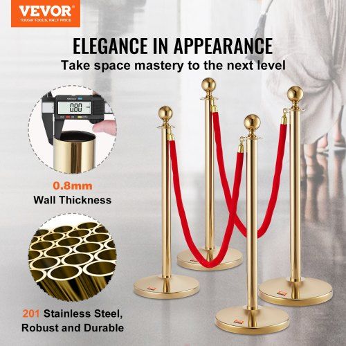 Stanchion Post with Velvet Rope 4-Pack Crowd Control Stanchion with 2PCS 5FT Red Velvet Ropes Stainless Steel Queue Barrier Line Divider