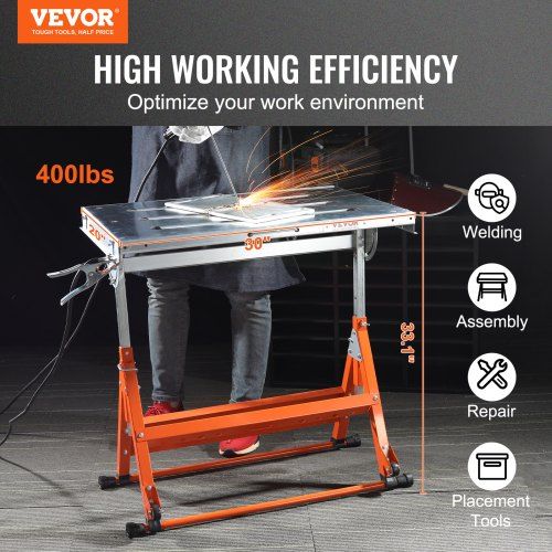 Welding Table 30" x 20" 400lbs Load Capacity Steel Welding Workbench Table on Wheels Folding Work Bench with Three 1.1" Slot 3 Tilt Angles Adjustable