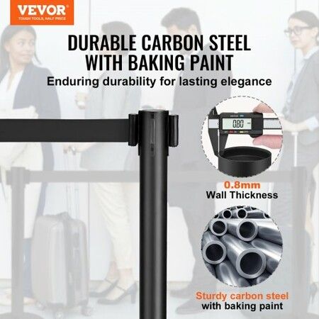Crowd Control Stanchions 2-Pack Crowd Control Barriers Carbon Steel Baking Painted Stanchion Queue Post with 11FT Black Retractable Belt Belt Barriers