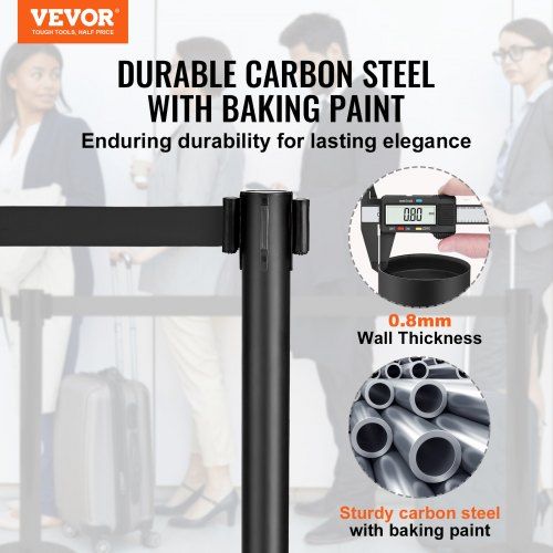 Crowd Control Stanchions 2-Pack Crowd Control Barriers Carbon Steel Baking Painted Stanchion Queue Post with 11FT Black Retractable Belt Belt Barriers