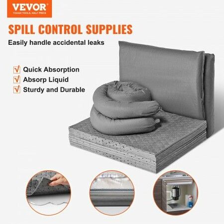 Universal Spill Kit Spill Control Supplies 43 pcs Includes 30 Universal Sorbent Pads 2 Universal Sorbent Socks 3"x4' 2 Disposal Pillows Rubber Gloves & Bag