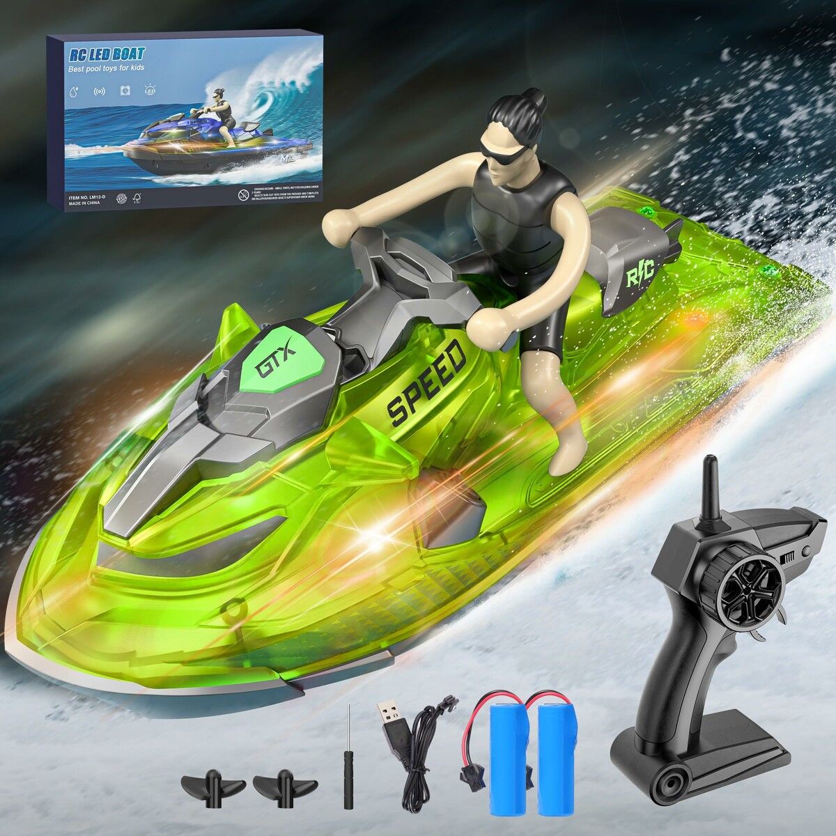 RC Boats 2.4GHZ Mini Remote Control Jet ski with Dual Motors & Led Lights Lakes and Swimming Pool Toys for Kids 6+