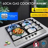 Maxkon Gas Cooktop 60cm 4 Burners Cooker Stove Top Cook Hob Stovetop Stainless Steel Surface NG LPG Auto Pulse Ignition Metal Knobs