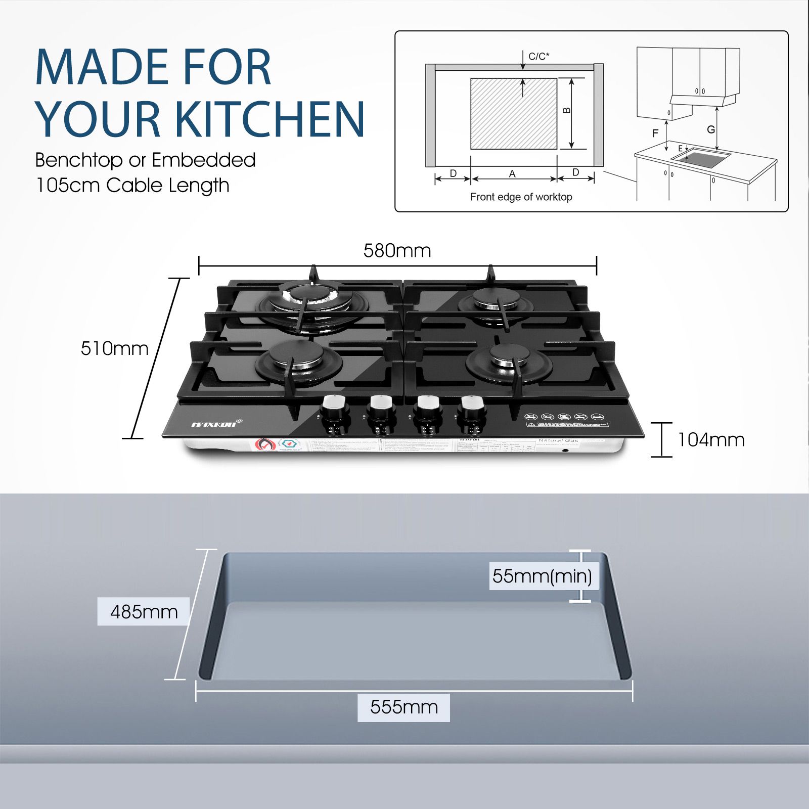 Maxkon 60cm Gas Cooktop 4 Burners Cooker Stove Cook Hob Top Black Glass Stovetop Surface NG LPG Auto Pulse Ignition Metal Knobs