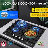 Maxkon 60cm Gas Cooktop 4 Burners Cooker Stove Cook Hob Top Black Glass Stovetop Surface NG LPG Auto Pulse Ignition Metal Knobs