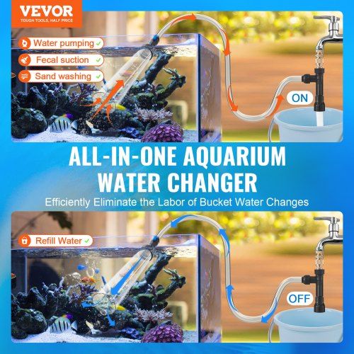 Aquarium Vacuum Gravel Cleaner 50 ft PVC Hose Fish Tank Vacuum Gravel Cleaner Siphon Fish Tank Cleaner Vacuum 3 Types of Brass Adapters for Fish Tank