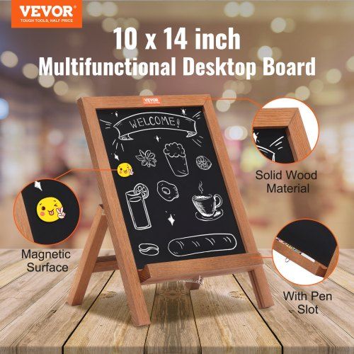 VEOVR Tabletop Chalkboard Sign 356x254 mm Message Signs with Chalks Freestanding Framed Memo Board Vintage Wooden Magnetic Chalk Board Rustic Brown