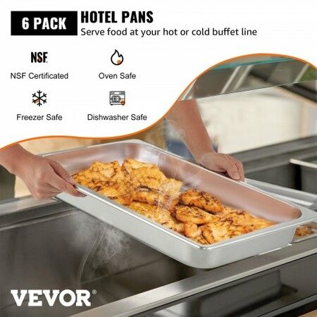 Hotel Pans Full Size 2.5 Inch Deep Steam Table Pan 6 Pack  22 Gauge/0.8mm Thick Stainless Steel Hotel Pan Anti Jam Steam Table Pan