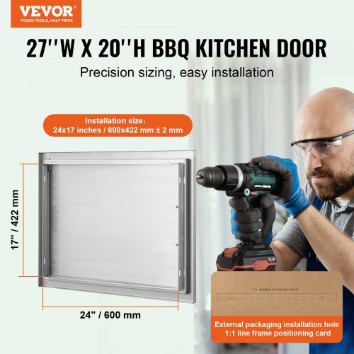 BBQ Access Door 685x508 mm Single Outdoor Kitchen Door Stainless Steel Flush Mount Door Wall Vertical Door with Handle for BBQ Island Grilling