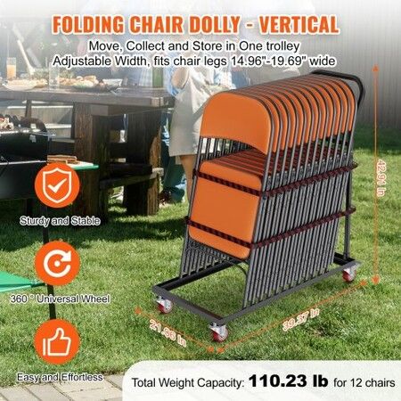 Folding Chair Dolly Iron Commercial Cart with 12 Chairs Capacity Folding Chairs Rack Trolley with 4 Casters Storage Transport Dolly for Flat Stacking