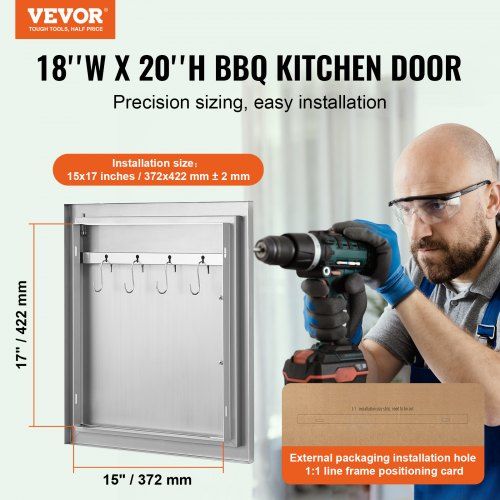 BBQ Access Door 457x508 mm Single Outdoor Kitchen Door Stainless Steel Flush Mount Door Wall Vertical Door with Handle and Hook for BBQ Island Grilling