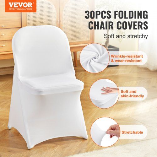 White Stretch Spandex Chair Covers - 30 PCS Folding Kitchen Chairs Cover Universal Washable Slipcovers Protector Removable Chair Seat Covers for Wedding