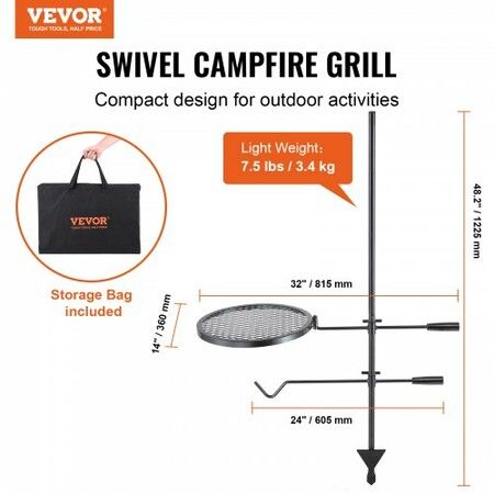 Swivel Campfire Grill Heavy Duty Steel Open Fire Cooking Grate Adjustable