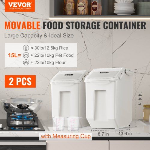 Ingredient Storage Bin 2 x 15L Dispenser Bin with 2 Measuring Cups Attachable Casters and Airtight Lid 2 Pcs/Set Dog Pet Food Storage Container PP Material