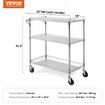 Kitchen Utility Cart 3 Tiers Wire Rolling Cart Steel Service Cart on Wheels Metal Storage Trolley with 80mm Basket Curved Handle PP Liner 6 Hooks