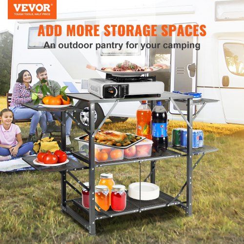 Camping Kitchen Table One-piece Folding Portable Cook Station with A Carrying Bag Aluminum Camping Table 4 Iron Side Tables & 2 Shelves Ideal for Outdoor