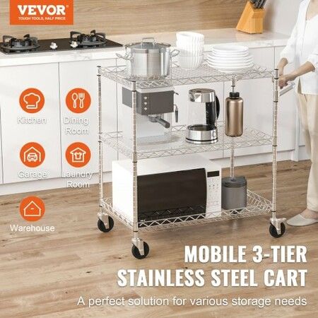 Kitchen Utility Cart 3 Tiers Wire Rolling Cart with 300kg Capacity Steel Service Cart on Wheels Metal Storage Trolley with 80mm Deep Basket Curved Handle