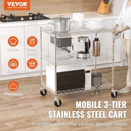 Kitchen Utility Cart 3 Tiers Wire Rolling Cart with 300kg Capacity Steel Service Cart on Wheels Metal Storage Trolley with 80mm Deep Basket Curved Handle