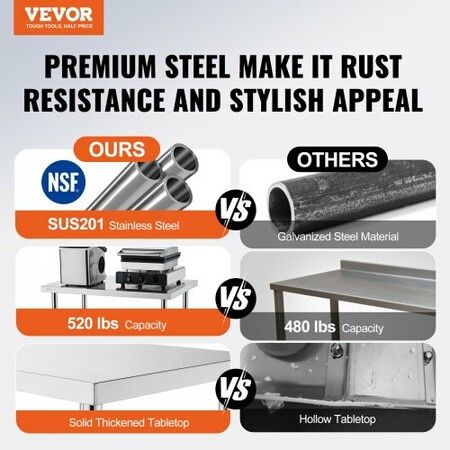 Stainless Steel Work Table 30 x 12 x 38 Inch with 4 Wheels 3 Adjustable Height Levels Heavy Duty Food Prep Worktable for Commercial Kitchen Restaurant