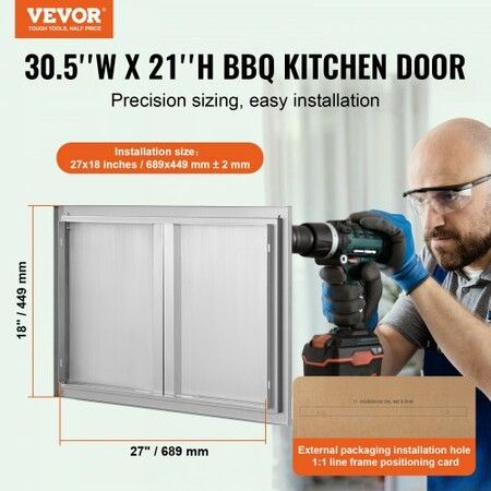 BBQ Access Door 774x532 mm Double Outdoor Kitchen Door Stainless Steel Flush Mount Door Wall Vertical Door with Recessed Handles  for BBQ Island Grilling