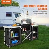 Camping Kitchen Table Folding Outdoor Cooking Table with Storage Carrying Bag Aluminum Cook Station 3 Cupboard & Detachable Windscreen Quick Set-up