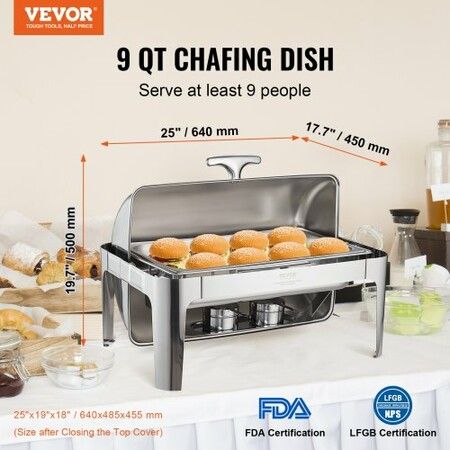 Roll Top Chafing Dish Buffet Complete Set 7.5L Stainless Steel Chafer with Full Size Pan Rectangle Catering Warmer Server with Lid Water Pan Stand