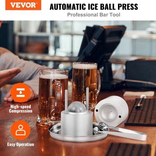 Ice Ball Press Kit Aircraft Al Alloy Ice Press with Ice Block Mold Large Mat Tong Drip Tray One Glass Round Ice Ball Maker 2.4"/60 mm Ice Sphere