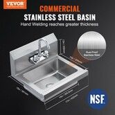 17"x12.8" Commercial Hand Wash Sink Wall Mount Basin Stainless Steel NSF