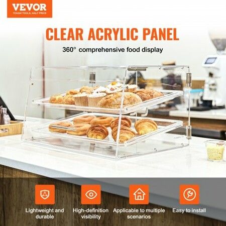 Pastry Display Case 2-Tier Commercial Countertop Bakery Display Case Acrylic Display Box with Rear Door Access & Removable Shelves Keep Fresh