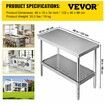 Stainless Steel Prep Table 122x46x86 cm 250kg Load Capacity Heavy Duty Metal Worktable with Adjustable Undershelf Commercial Workstation