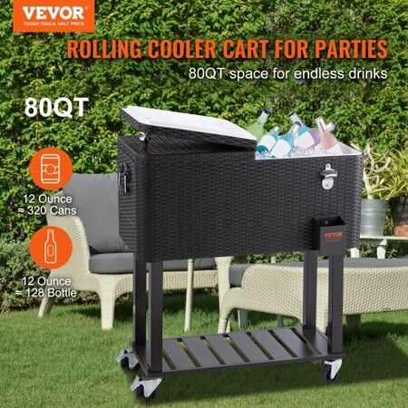 80Qt Rolling Cooler Cart with Bottle Opener Drainage Patio Party Bar Drink