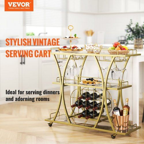 3 Tiers Gold Metal Bar Serving Cart with Wine Rack Glass Holder 180 LBS