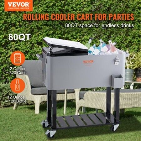 80Qt Rolling Cooler Cart with Bottle Opener Drainage Patio Party Bar Drink
