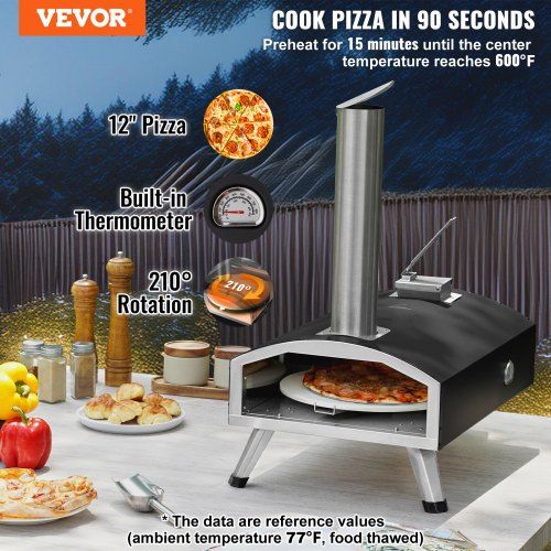 Outdoor Pizza Oven 12" Wood Fired Pizza Ovens Pellet Pizza Stove w/ Built-in Thermometer Heat to 540 degreeC with Thickened Cordierite 210 degree Rotating