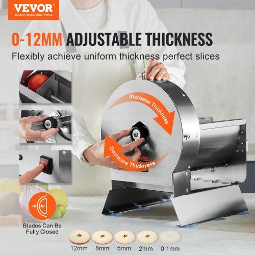 Electric Vegetable Slicer 0-0.5"/0-12mm Thickness Adjustable Commercial Slicer Machine Convertible to Manual Stainless Steel Food Cutter Slicing Machine