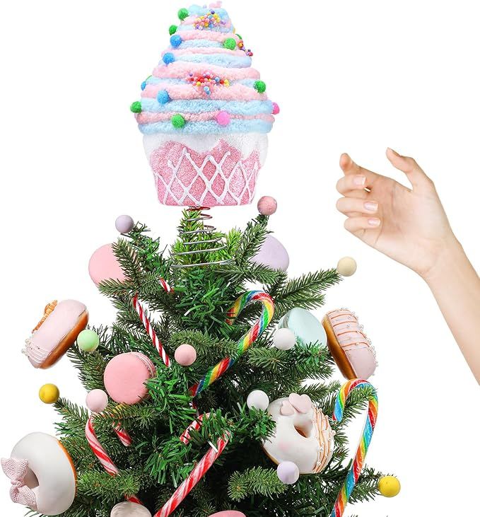 Dessert Christmas Tree Topper Pink Cupcake Tree Topper Candy Donut Christmas Tree Decoration Pastel  for Christmas New Year Birthday Party Decor